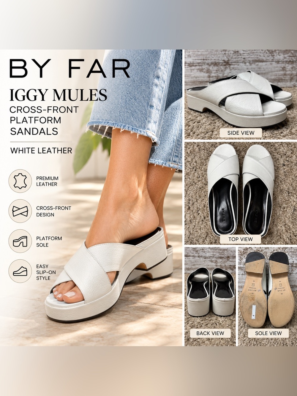 BY FAR Iggy Cross-Front Platform Mules White Leather Size 36